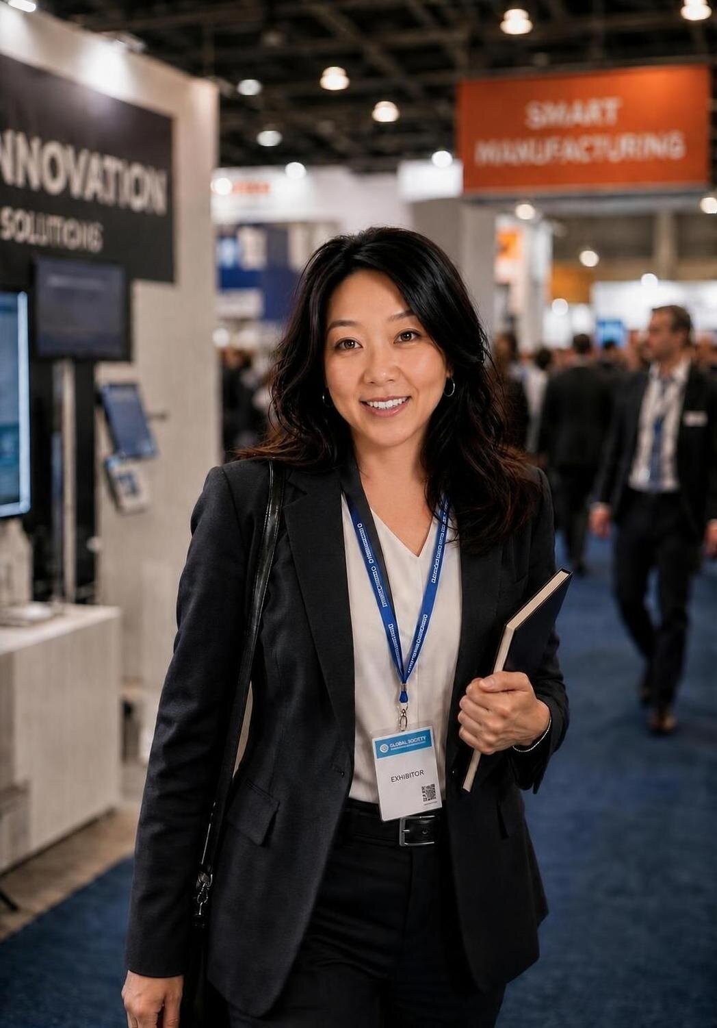 Ana Xu caminando por una feria comercial internacional en Cantón